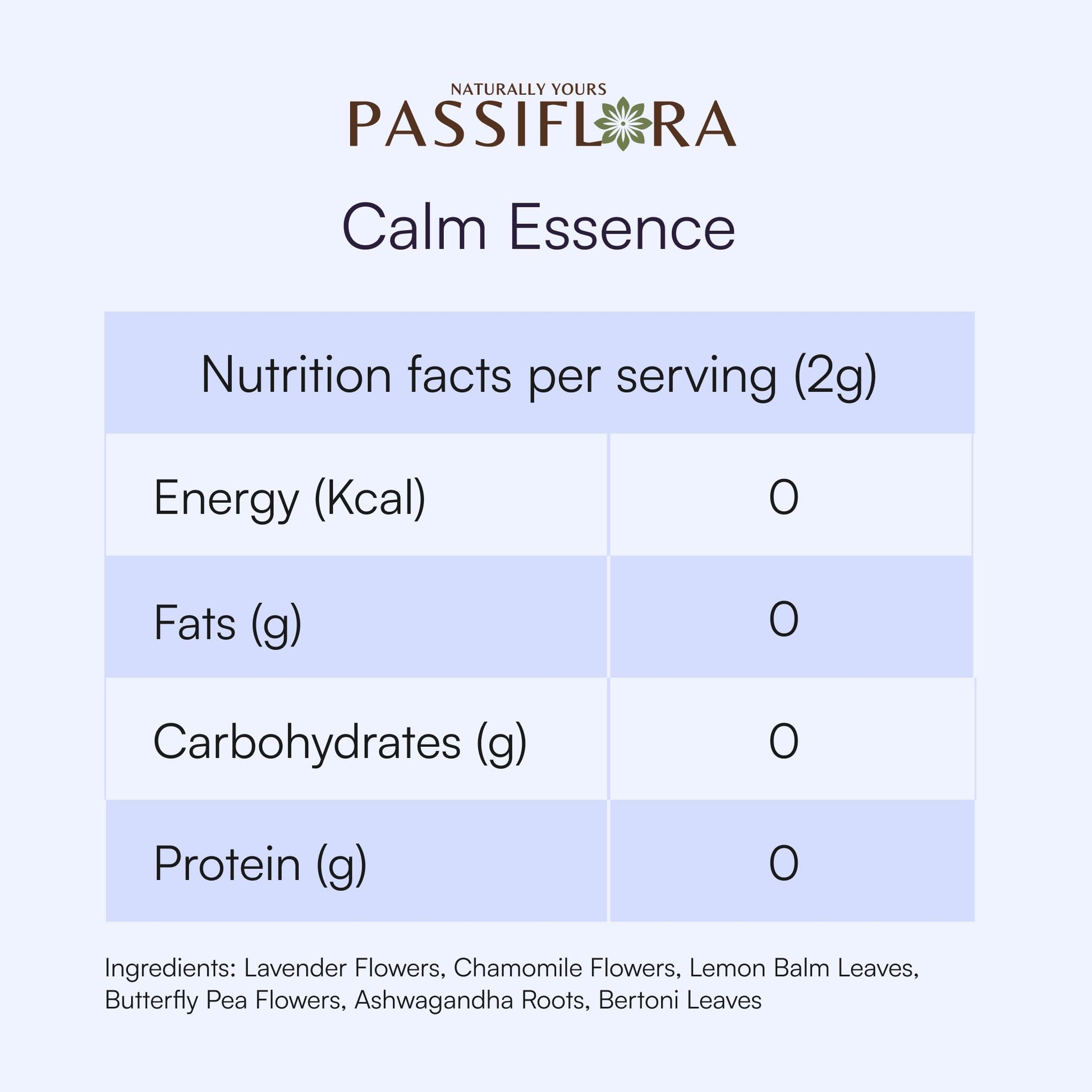 Passiflora Calm Essence Herb Tea | 100% Natural Herbal Tea Blend for Stress Relief & Relaxation | Lavender Chamomile Blue-Pea Ashwagandha Lemon-Balm Blend | 30+ Servings