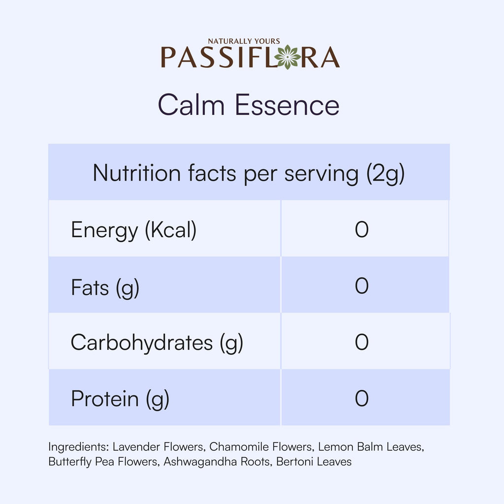Passiflora Calm Essence Herb Tea | 100% Natural Herbal Tea Blend for Stress Relief & Relaxation | Lavender Chamomile Blue-Pea Ashwagandha Lemon-Balm Blend | 30+ Servings