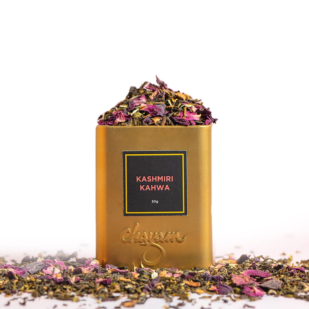 CHAYAM Kashmiri Kahwa Green Tea | 50g Loose Green Tea with Natural Saffron Flavour & Real Cardamom, Cinnamon, Cloves, Almond & Rose Petals | Boosts Immunity & Digestion | Authentic Kashmiri Chai