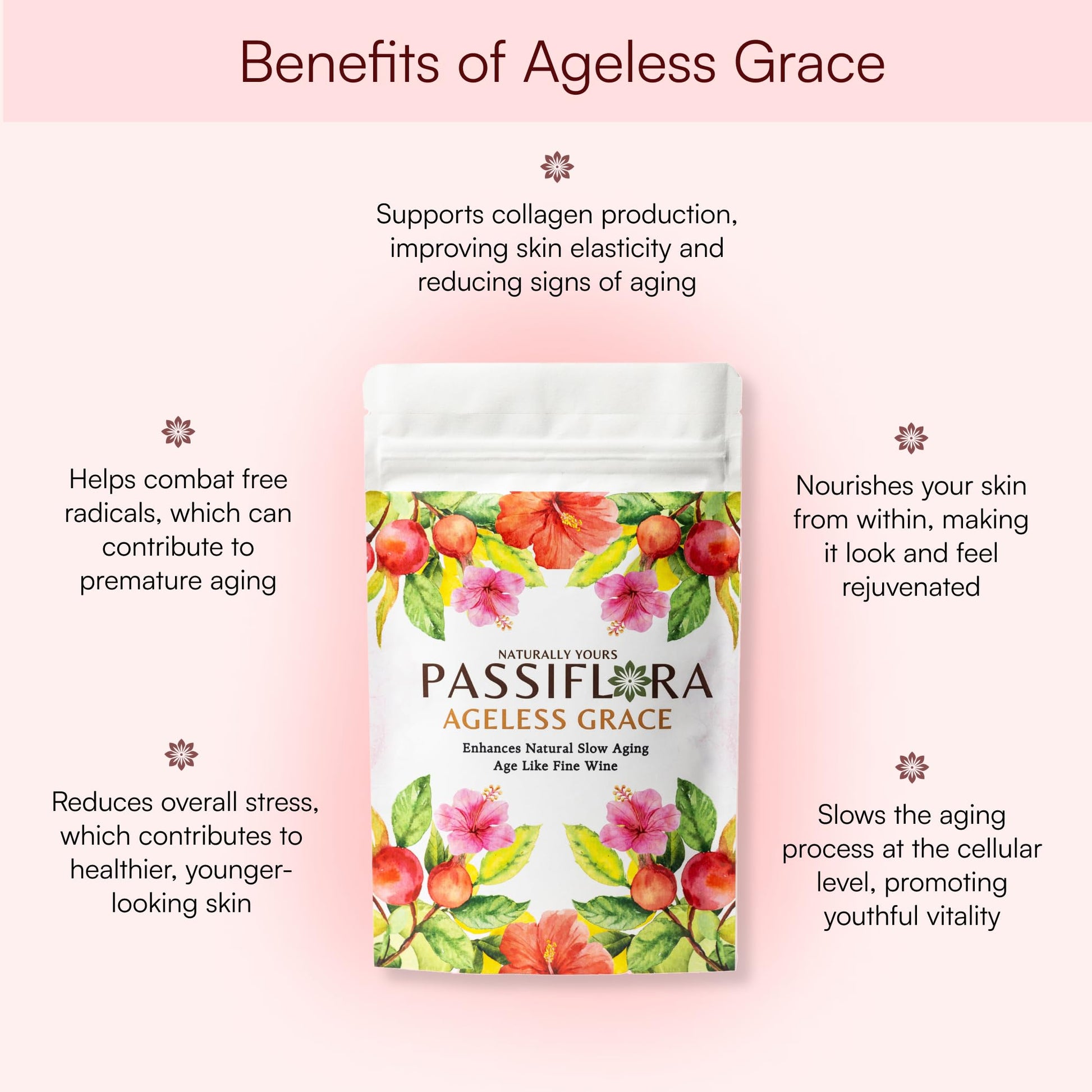 Passiflora Ageless Grace Herb Blend | 100% Natural Herbal Tea Blend for Slow Aging & Rejuvenated Skin Health | Green Tea Hibiscus Nettle Amla Rosehips | 30+ Servings