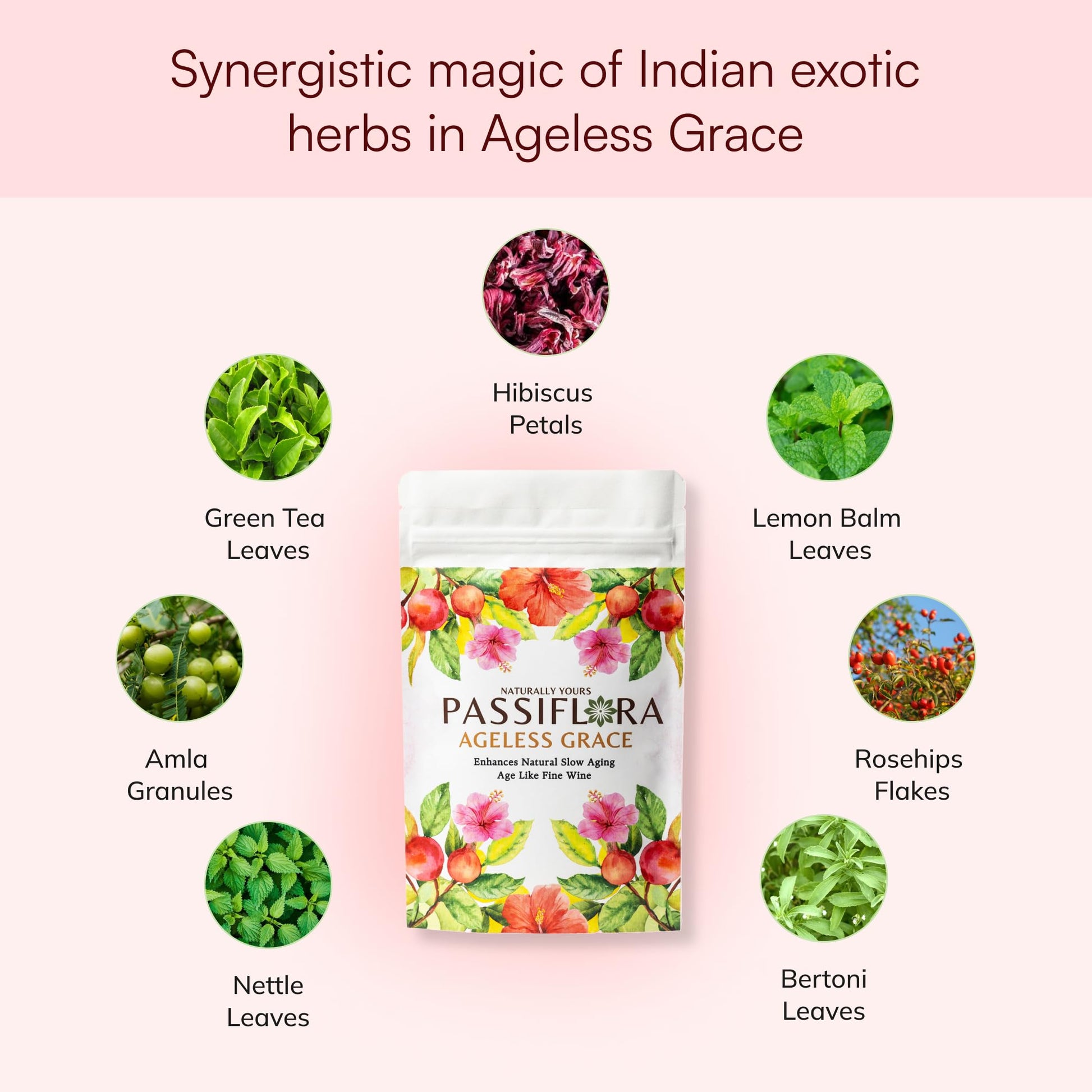 Passiflora Ageless Grace Herb Blend | 100% Natural Herbal Tea Blend for Slow Aging & Rejuvenated Skin Health | Green Tea Hibiscus Nettle Amla Rosehips | 30+ Servings