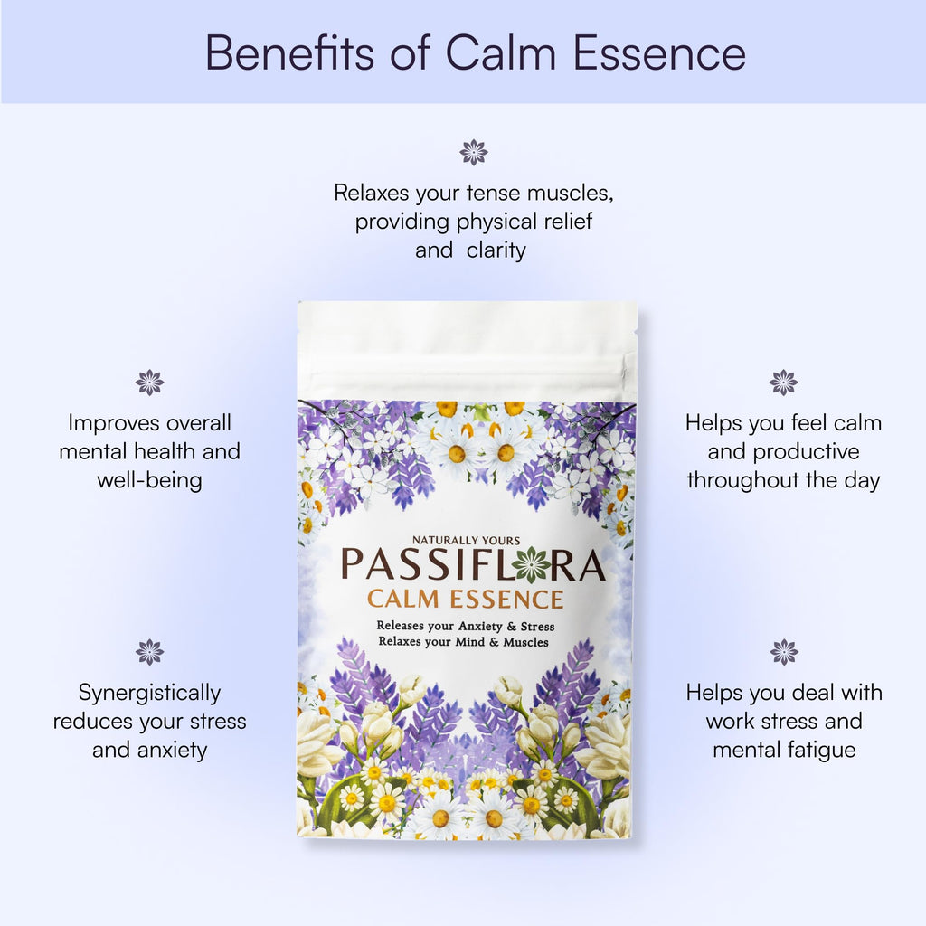 Passiflora Calm Essence Herb Tea | 100% Natural Herbal Tea Blend for Stress Relief & Relaxation | Lavender Chamomile Blue-Pea Ashwagandha Lemon-Balm Blend | 30+ Servings