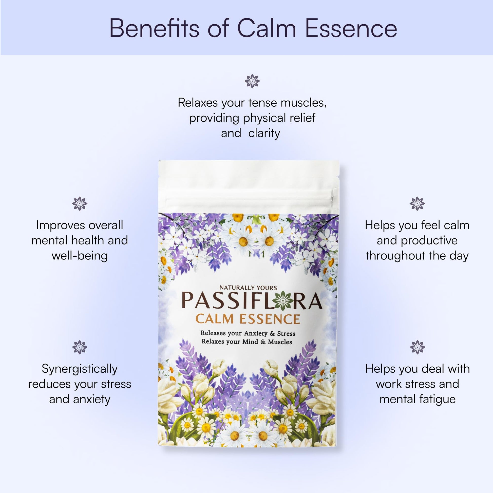 Passiflora Calm Essence Herb Tea | 100% Natural Herbal Tea Blend for Stress Relief & Relaxation | Lavender Chamomile Blue-Pea Ashwagandha Lemon-Balm Blend | 30+ Servings