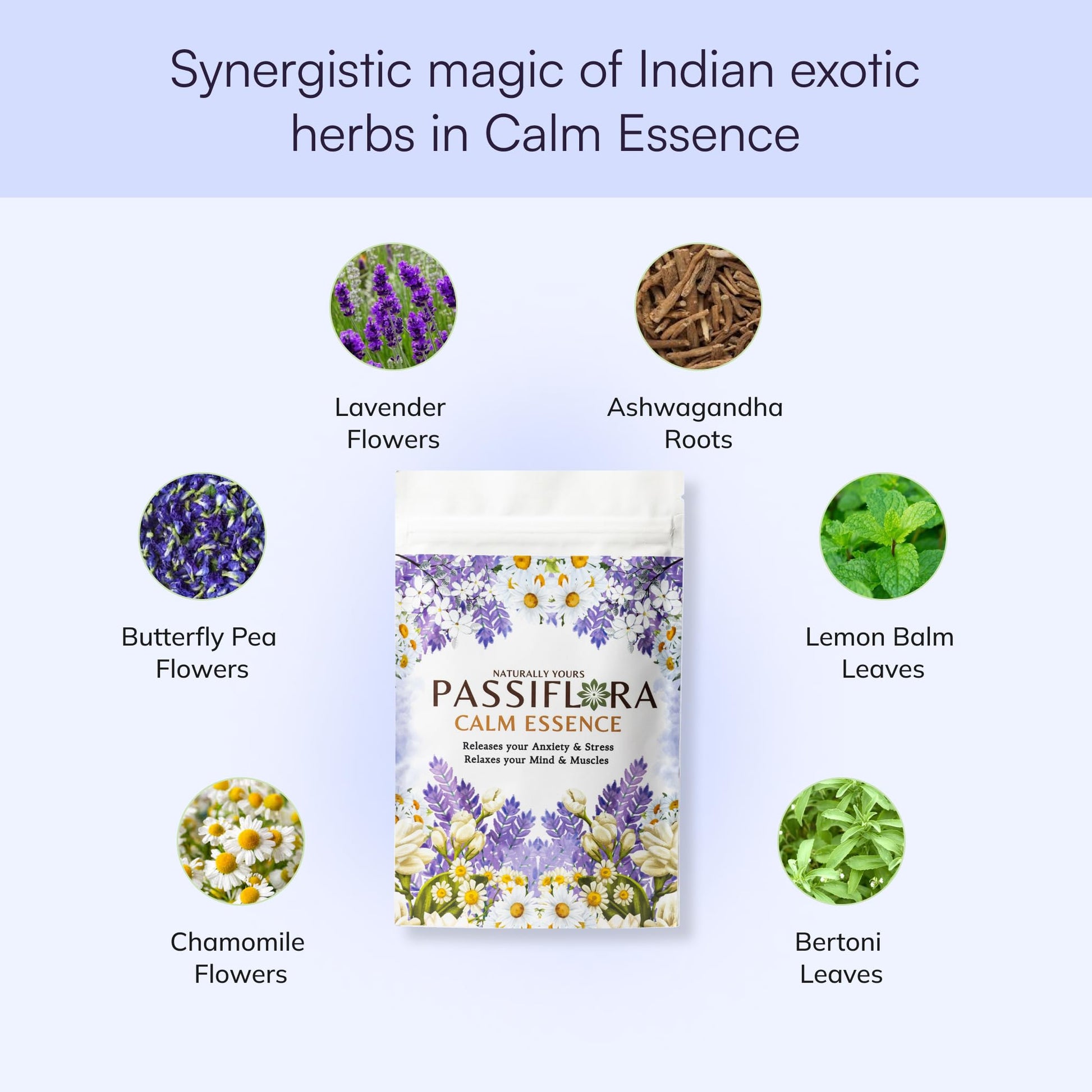 Passiflora Calm Essence Herb Tea | 100% Natural Herbal Tea Blend for Stress Relief & Relaxation | Lavender Chamomile Blue-Pea Ashwagandha Lemon-Balm Blend | 30+ Servings