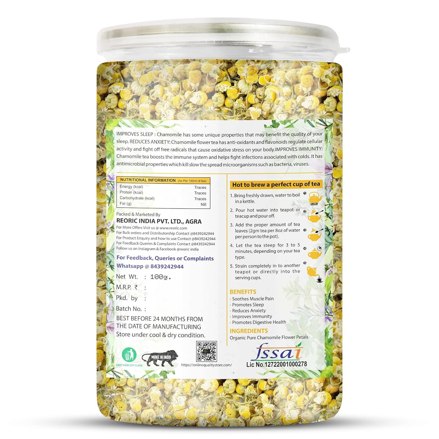 BRALCON Organic Chamomile Flower Tea - 100 Gm | Boost Immunity| Detox & Stress Relief