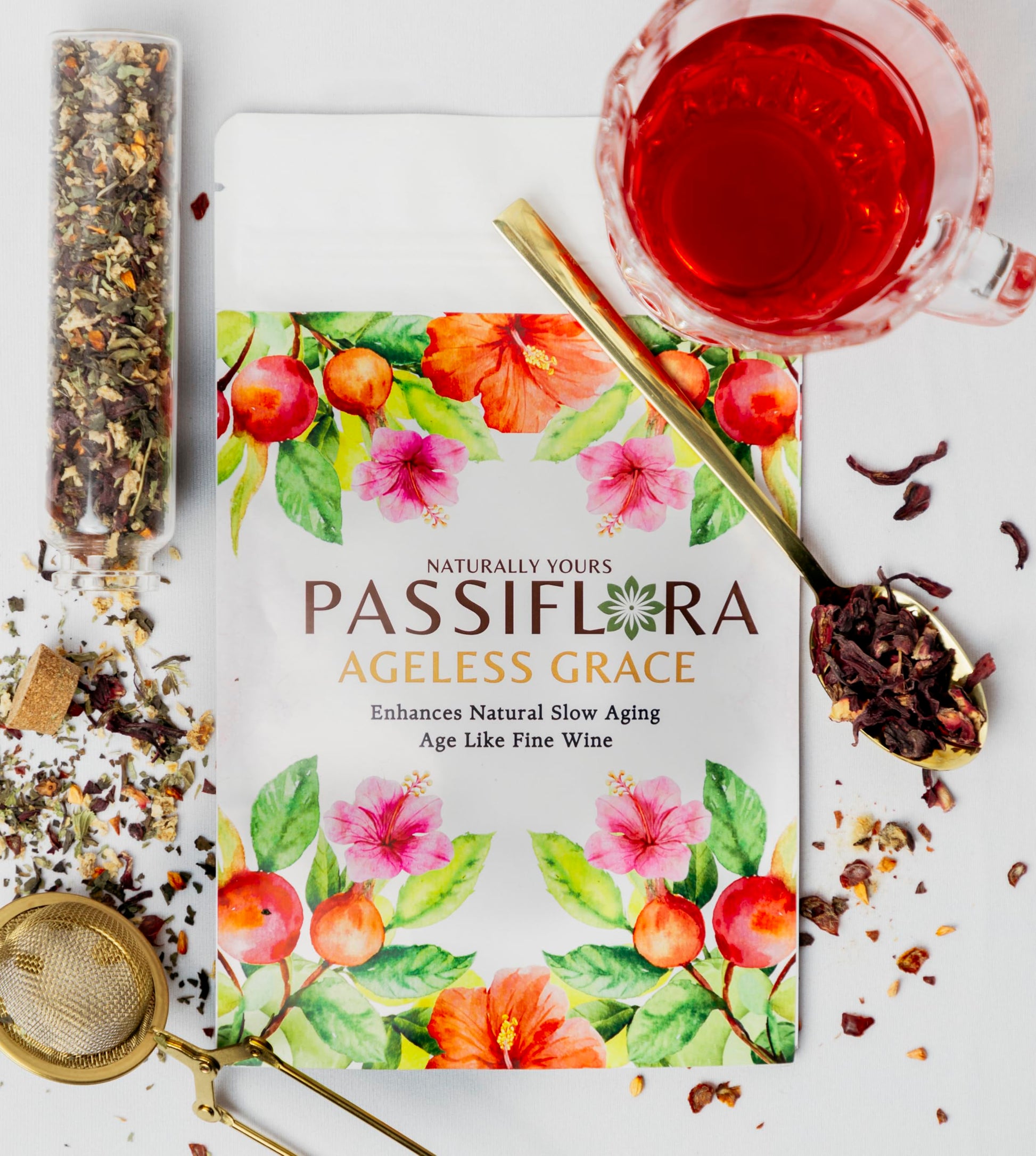 Passiflora Ageless Grace Herb Blend | 100% Natural Herbal Tea Blend for Slow Aging & Rejuvenated Skin Health | Green Tea Hibiscus Nettle Amla Rosehips | 30+ Servings