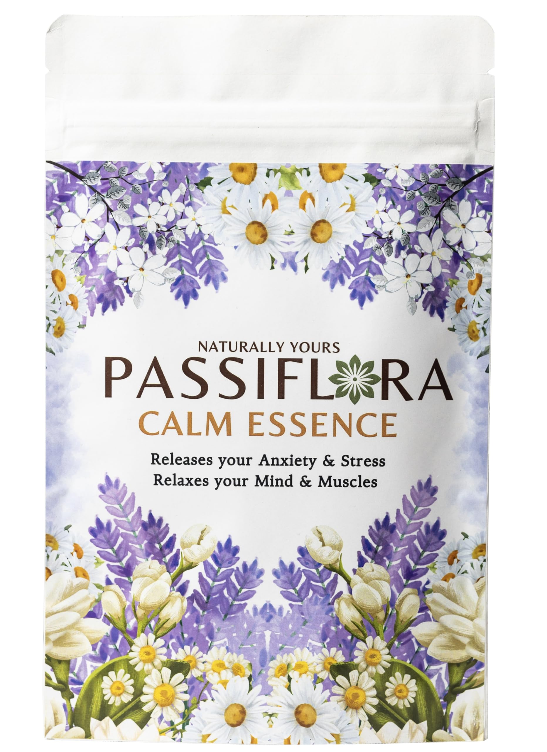 Passiflora Calm Essence Herb Tea | 100% Natural Herbal Tea Blend for Stress Relief & Relaxation | Lavender Chamomile Blue-Pea Ashwagandha Lemon-Balm Blend | 30+ Servings