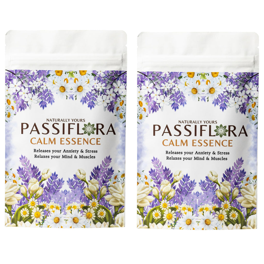 Passiflora Calm Essence Herb Tea | 100% Natural Herbal Tea Blend for Stress Relief & Relaxation | Lavender Chamomile Blue-Pea Ashwagandha Lemon-Balm Blend | 30+ Servings