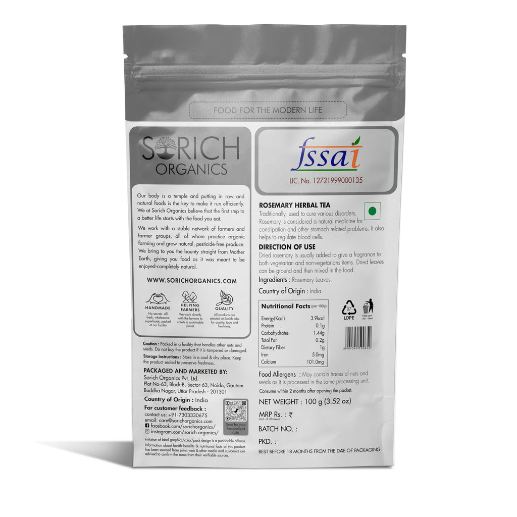 Sorich Organics Rosemary Leaves 100 Gram for Hair Growth and Seasoning Food and Herbal Rosemary Tea | Packed Clean, No Dust| High in Antioxidants | Improve Memory | Protect Vision | Lower Blood Sugar