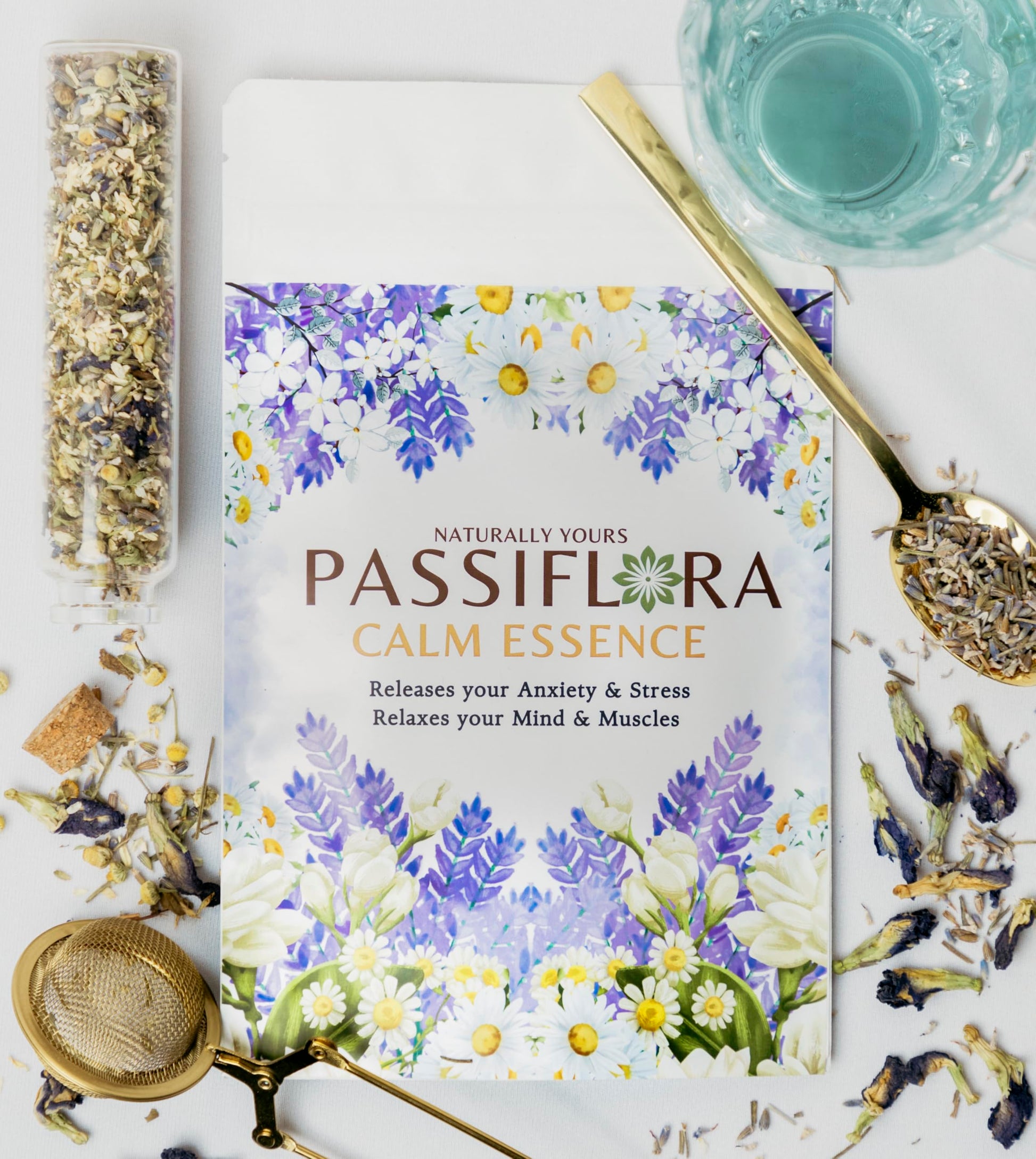 Passiflora Calm Essence Herb Tea | 100% Natural Herbal Tea Blend for Stress Relief & Relaxation | Lavender Chamomile Blue-Pea Ashwagandha Lemon-Balm Blend | 30+ Servings