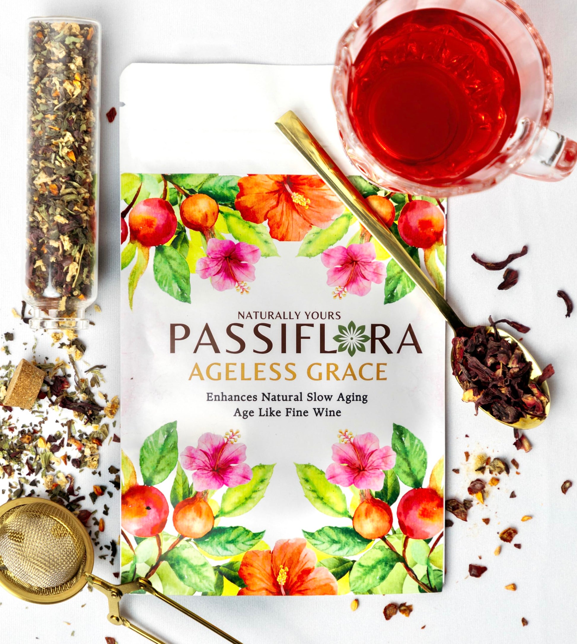 Passiflora Ageless Grace Herb Blend | 100% Natural Herbal Tea Blend for Slow Aging & Rejuvenated Skin Health | Green Tea Hibiscus Nettle Amla Rosehips | 30+ Servings