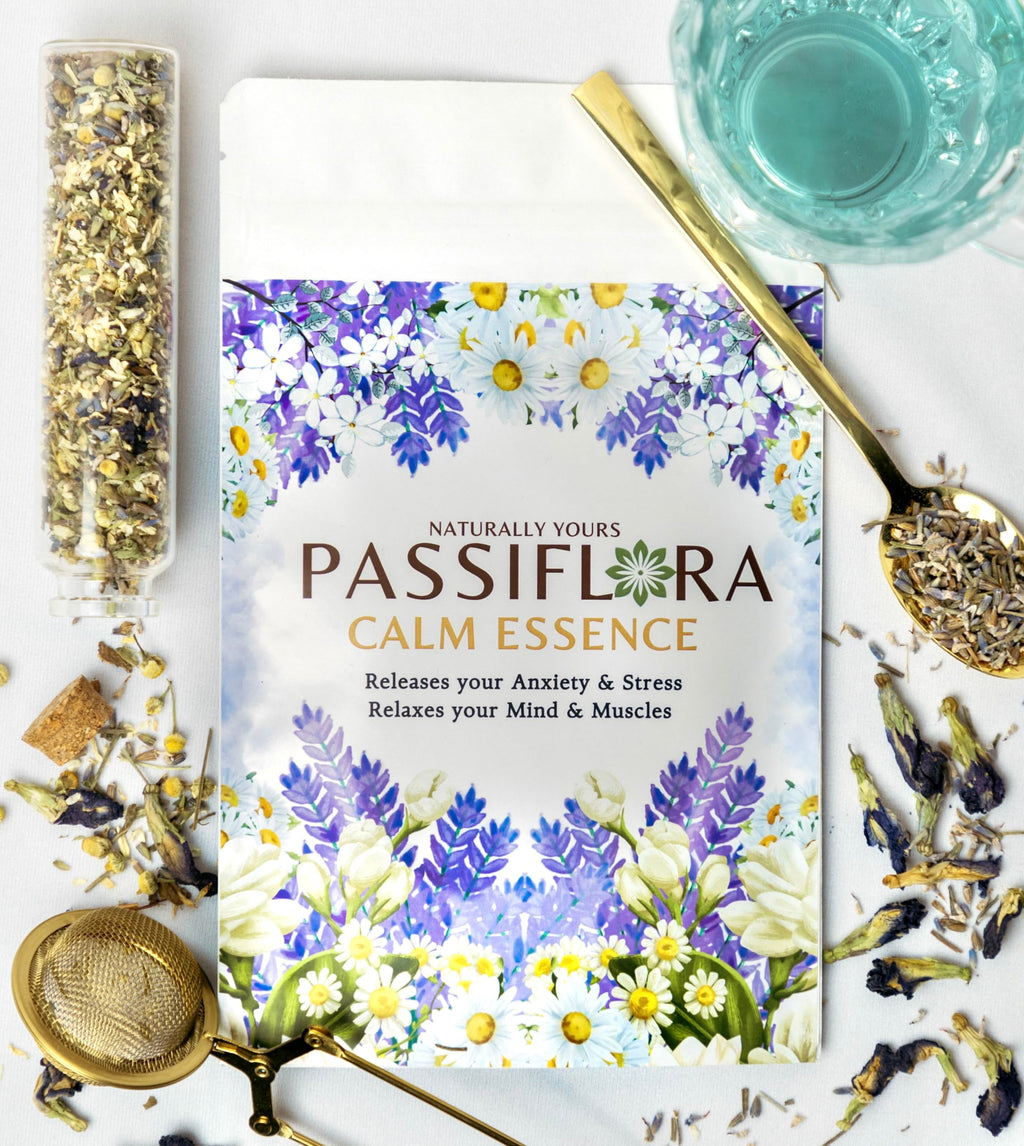 Passiflora Calm Essence Herb Tea | 100% Natural Herbal Tea Blend for Stress Relief & Relaxation | Lavender Chamomile Blue-Pea Ashwagandha Lemon-Balm Blend | 30+ Servings