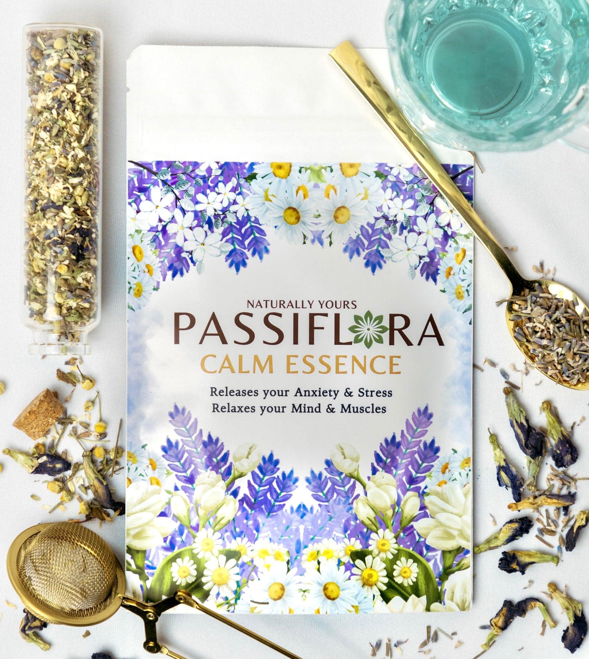 Passiflora Calm Essence Herb Tea | 100% Natural Herbal Tea Blend for Stress Relief & Relaxation | Lavender Chamomile Blue-Pea Ashwagandha Lemon-Balm Blend | 30+ Servings